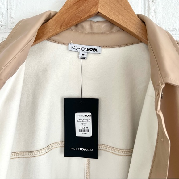 NWT Fashion Nova I Need My Coins Button Down Shirt | Taupe | Size Medium - Picture 5 of 6